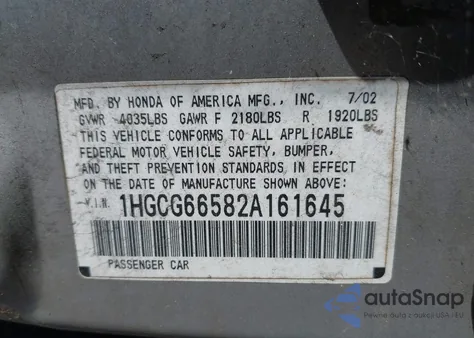 2002 Honda Accord 2.3 Lx из США, поврежденный, VIN 1HGCG66582A161645